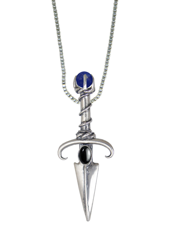 Sterling Silver Black Prince's Knife Dagger Pendant With Hematite And Sodalite